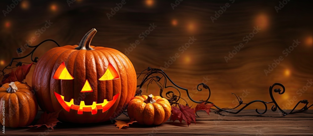 Poster Copy space image of a Halloween themed background adorned with a jack o lantern spider web and a pumpkin decoration illuminated by a candle