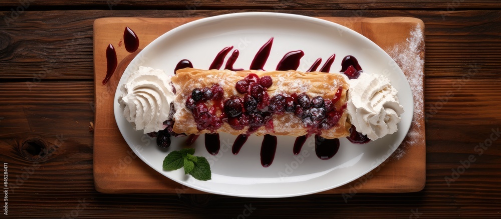 Poster a top view of a mouthwatering dessert consisting of strudel accompanied by a delectable berry jam an