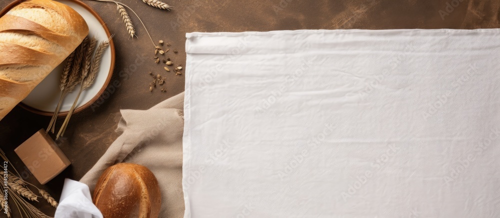 Aufkleber On a table background there is an empty top view with baking parchment A folded cloth is placed for a mockup with copy space The style is minimalistic and presented in a flat lay
