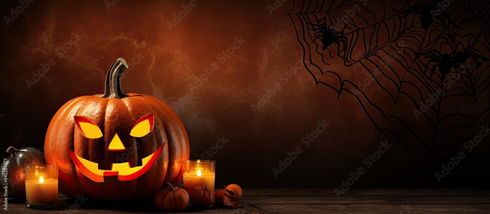 Poster Copy space image of a Halloween themed background adorned with a jack o lantern spider web and a pumpkin decoration illuminated by a candle
