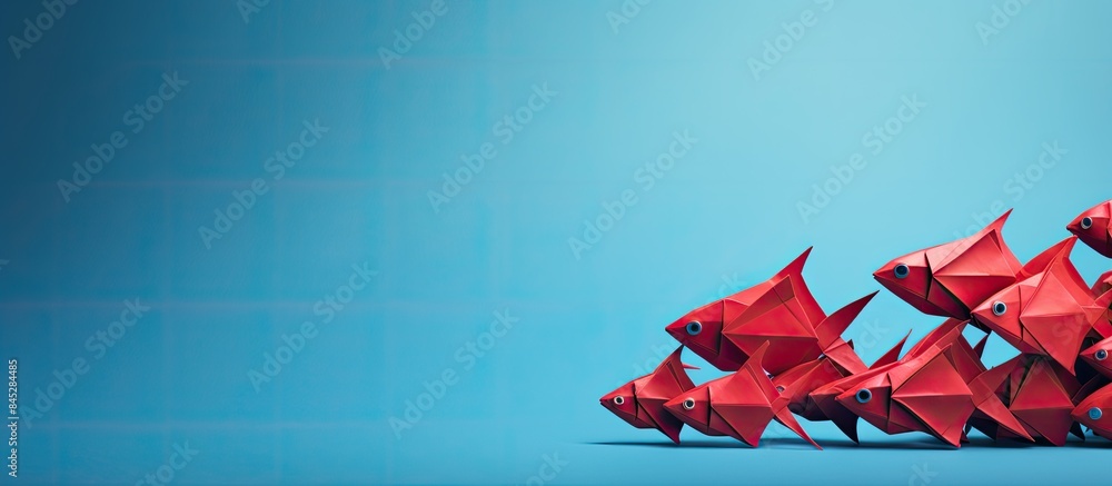 Poster a red paper origami fish sits on a white background leading a group of blue origami fish the image d