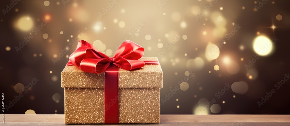 Poster horizontal copy space image of a cardboard gift box adorned with a red ribbon placed on a golden bok