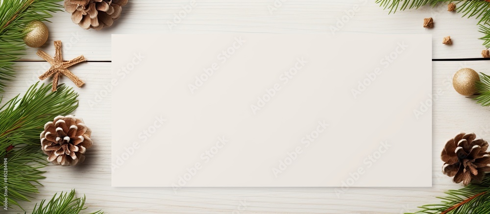 Poster A nature themed New Year concept showcasing a creative Christmas blank greeting card mock up scene with a flat lay The scene features a layout composed of Christmas tree branches and a paper card not
