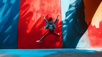 Joyful woman jumping energetically against a vibrant red and blue graffiti wall
