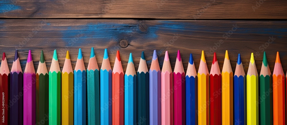 Poster a chaotic arrangement of multicolored crayons and pastels creates a visually intriguing image on a w