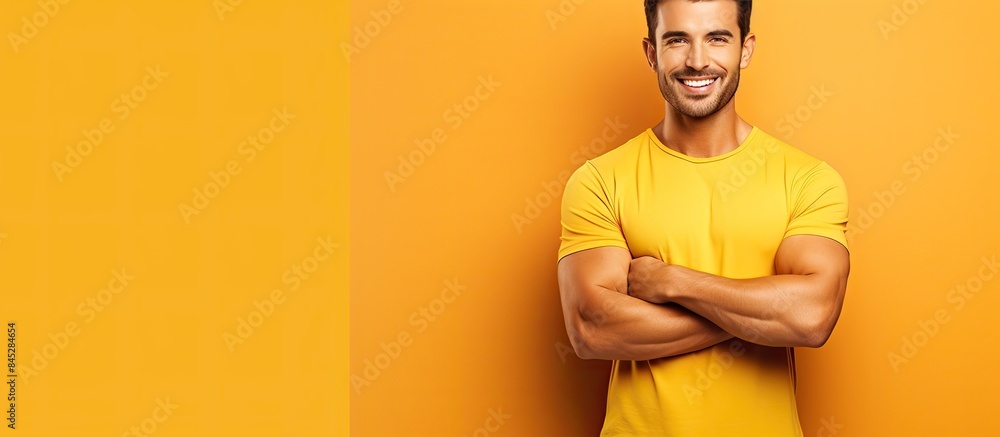 Poster a lateral view of a young handsome man with crossed arms confidently smiling at the camera radiating
