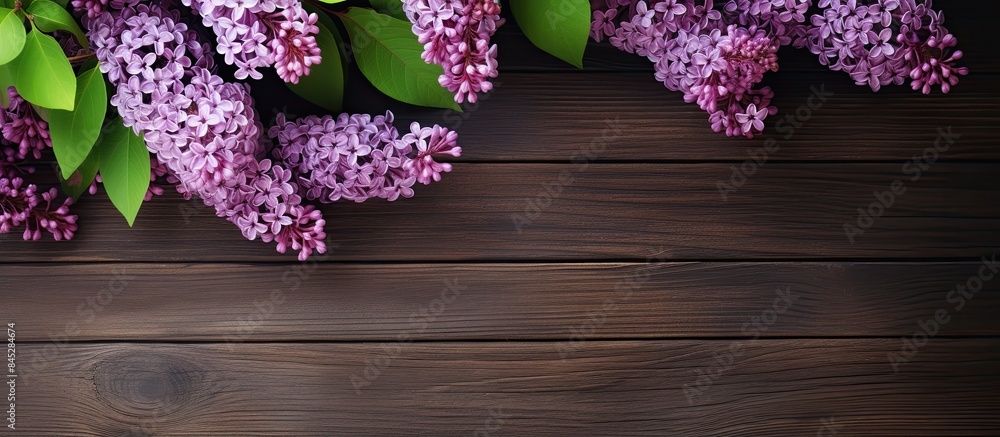 Poster copy space image of a purple lilac branch on a wooden background creating a blank greeting card with