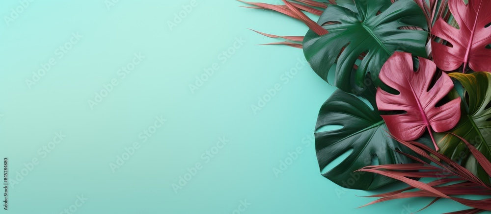 Aufkleber minimal summer concept with a creative layout of green tropical leaves on a colored background this 