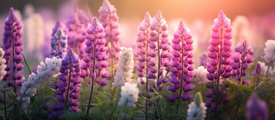 Obraz premium A picturesque meadow adorned with vibrant purple and pink lupin flowers along with delicate queen anne s lace blossoms perfect for a copy space image