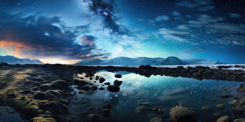 Stunning night sky with vibrant Milky Way reflection over tranquil water and rugged mountain landscape, creating a serene ethereal scene.