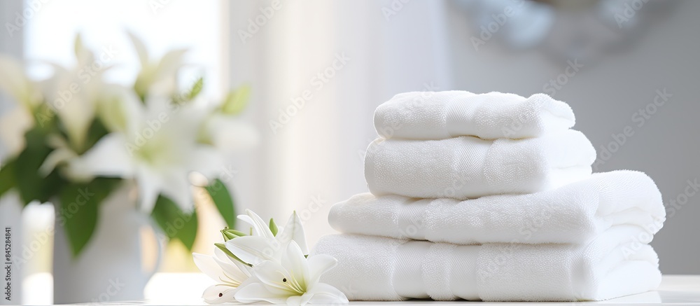 Sticker A montage of product display featuring a stack of white towels on a white table with a blurred flower background The image includes a copy space and is set against a blurred living room background