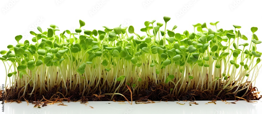 Poster copy space image of close up fresh young lentil microgreen sprouts with roots near seeds on a white 