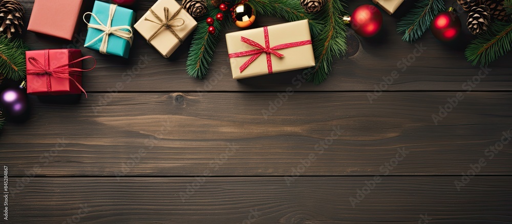 Poster a festive christmas themed image featuring colorful gift boxes spruce branches and a wooden backgrou
