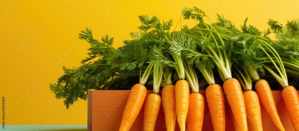 Wall mural A close up image of a bunch of carrots arranged neatly in a white wooden box set against a vibrant yellow background leaving ample copy space - Wall murals