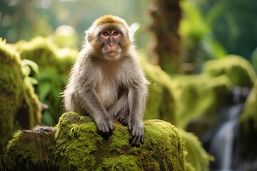 Fototapeta premium Adorable furry barbary macaque monkey sitting on a stone in the jungle in bali