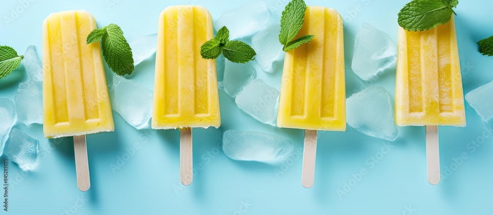 Poster Fresh pineapple slices and mint are placed on ice cubes on a light blue background creating a visually appealing copy space image for homemade pineapple popsicles