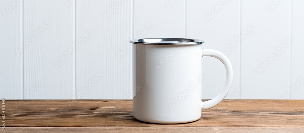 Poster close up top view of a white metal mug filled with fresh milk placed on a white wooden background co