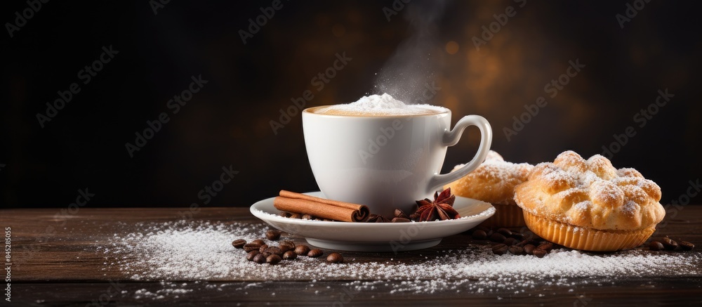 Poster enjoy a delightful cup of coffee accompanied by delicious cookies topped with jelly cream and powder