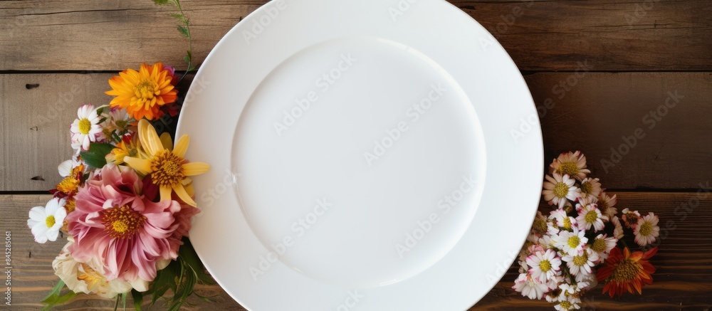 Poster a spring themed flat lay featuring a vintage white plate with no food on it placed on top of a beaut