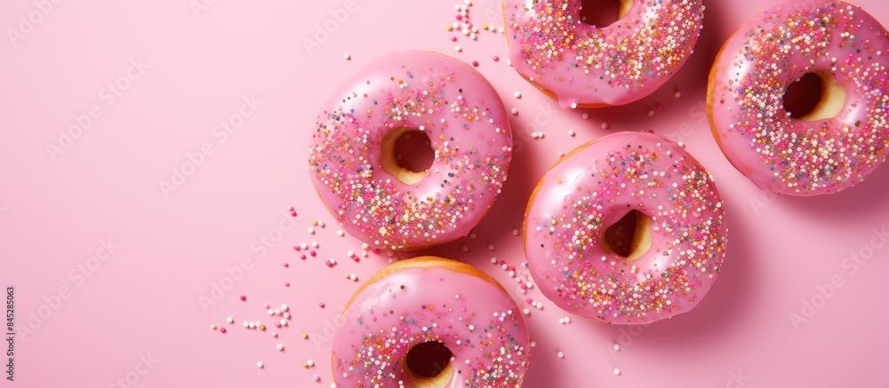 Poster celebrate national donut day with a festive holiday card concept enjoy top view of delicious doughnu