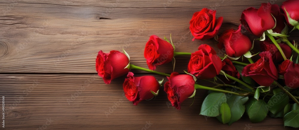 Aufkleber A beautiful arrangement of bright red roses displayed against a rustic wooden background with plenty of empty space for additional elements in the image