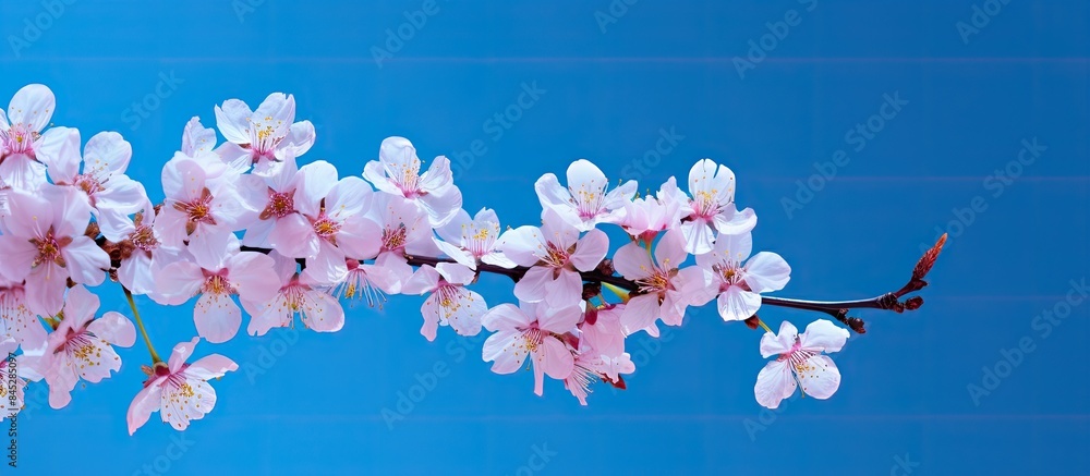 Poster a top down view of a sakura branch with cherry blossoms against a vibrant blue backdrop ideal for gr