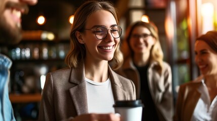 Young professionals socializing in a cozy cafe, smiling and enjoying coffee. The setting is warm and inviting with ambient lighting.