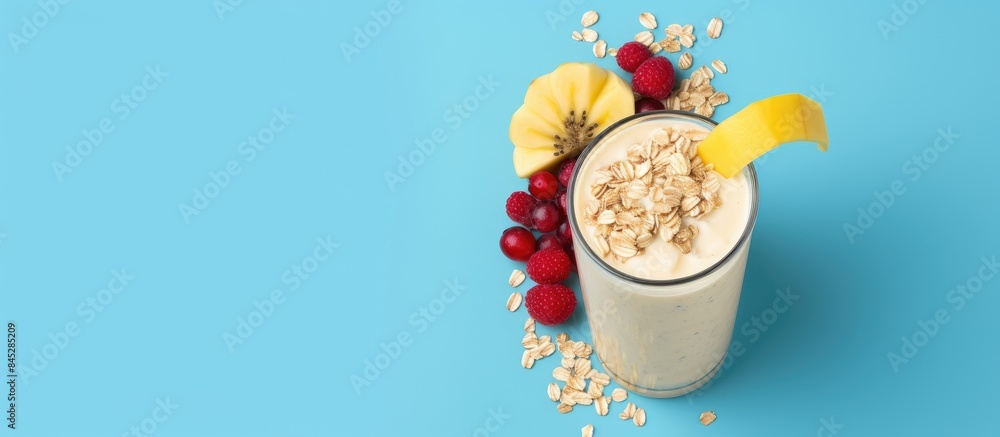 Poster A top view of a healthy breakfast smoothie made with oat banana and pomegranate on a blue background It is a nutritious diet milkshake with protein perfect for a refreshing start to the day The image