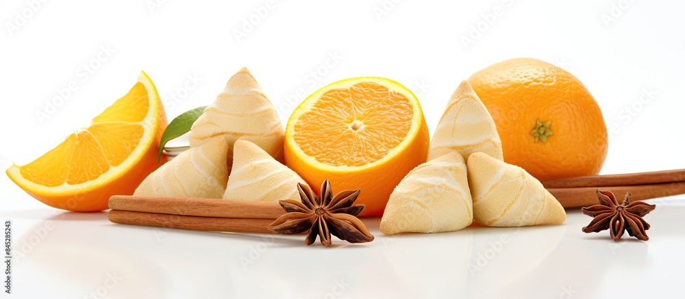 Poster a copy space image features fortune cookies with mandarin and chinese symbols resting on a white bac