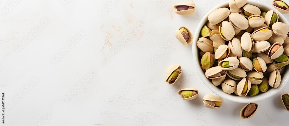 Aufkleber A healthy snack pistachio nuts displayed in a bowl on a white marble table The top view captures a close up of the enticing arrangement with plenty of copy space for additional elements in the image
