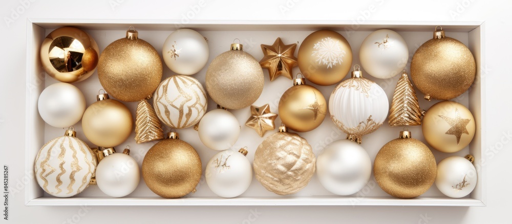 Poster a white background with a craft box filled with golden christmas balls showcasing a christmas concep