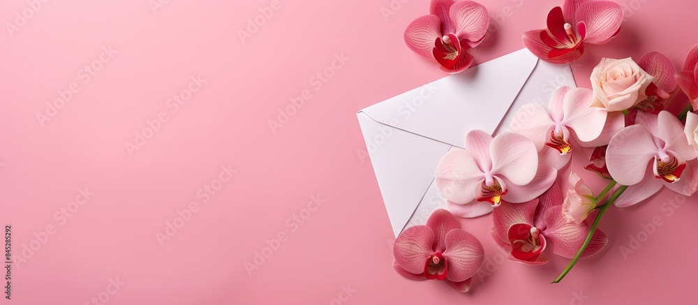 Poster a celebration inspired flat lay features a pink background adorned with an orchid flower an envelope