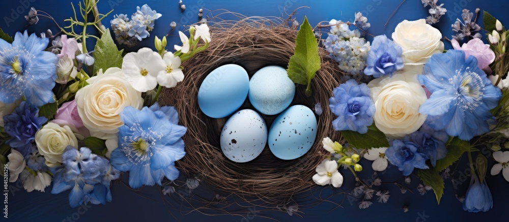 Poster a festive easter greeting card showcasing a top view of a nest filled with blue easter eggs nestled 