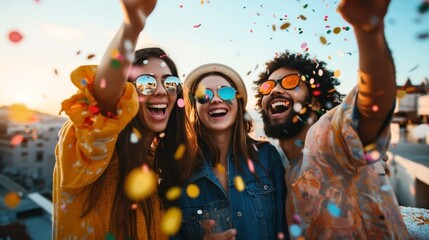 Joyful group of friends celebrating with confetti outdoors at sunset