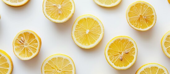 Fototapeta premium Sliced lemon arranged on a white background from above.