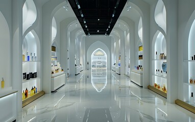 Obraz premium A white interior space of a luxury store for perfumes with arches white and gold background