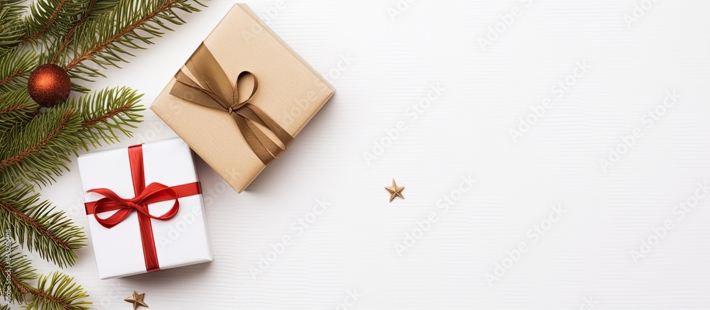 Poster top view of a christmas themed flat lay with the word love and a small gift box surrounded by spruce
