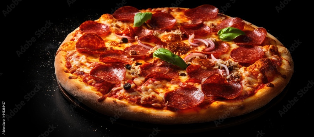 Poster a top view of a crispy homemade oven baked pepperoni pizza with tomatoes cheese salami and red sauce