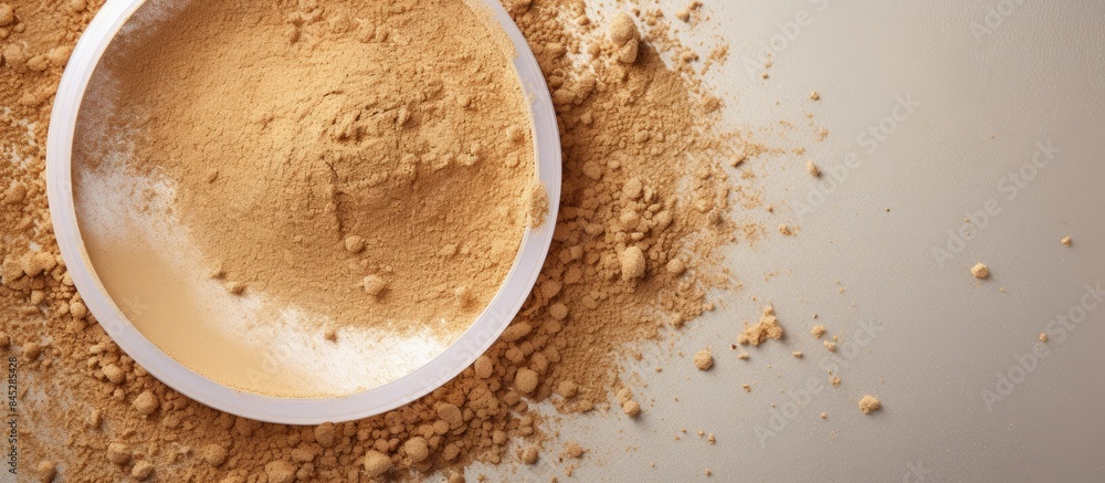 Poster The image displays a circle of neutral colored face powder on a light background banner seen from a top view The powder is arranged in a flat position and there is ample space for a copy It is a high