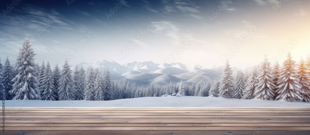 Poster a picturesque winter landscape with snow covered fir trees and a wooden table top creating a perfect