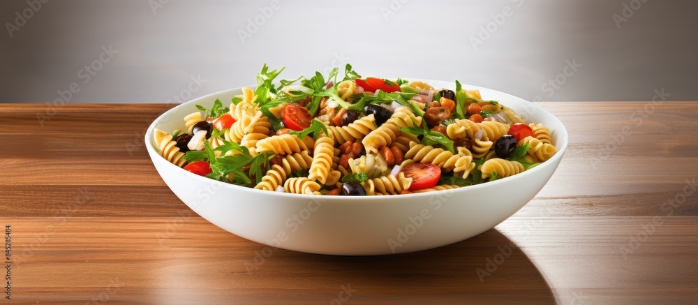 Poster A top view of a warm appetizer snack for the menu concept featuring a healthy pasta salad with vegetables The image showcases the food with a background and sufficient copy space