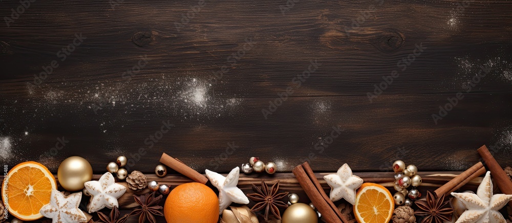 Poster A flat lay composition of tangerines and cocoa with marshmallows golden balls cones cinnamon and an anise star on a wooden board with a brown fur background creating the perfect New Year copy space i