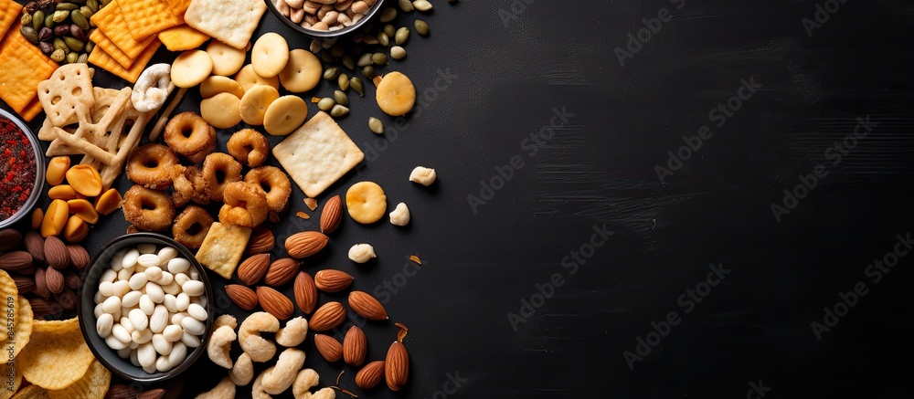 Leinwandbilder a variety of snacks like salted crackers dried fish chips nuts peanuts and pistachios are arranged o