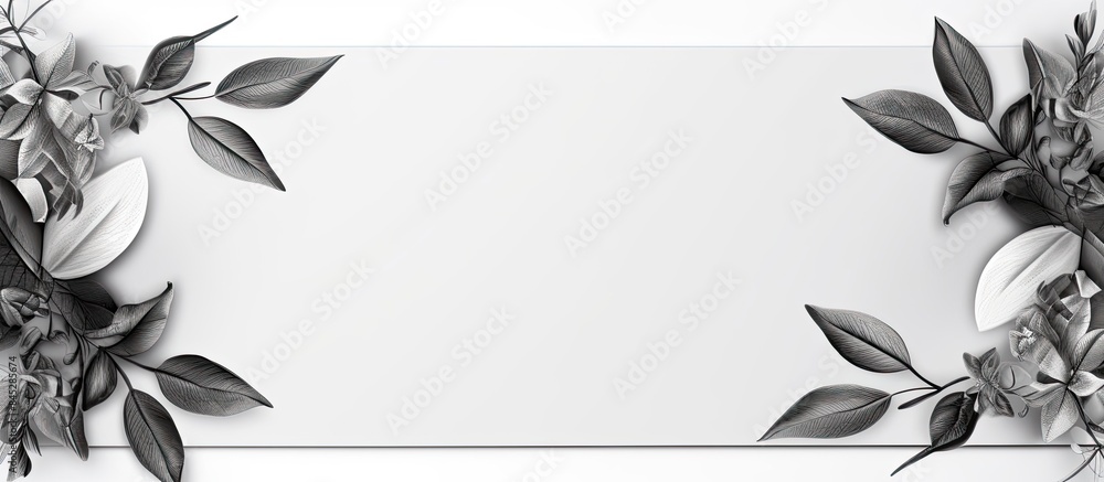 Aufkleber top view of a black and white floral rectangular frame with leaves on a white background perfect for