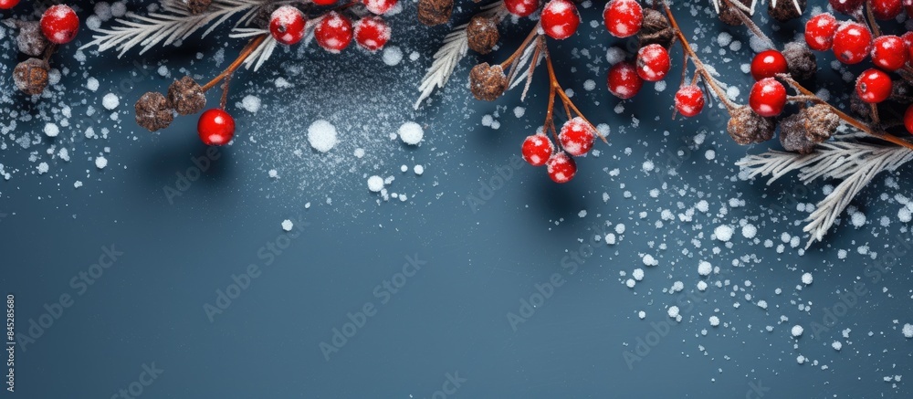 Poster a festive composition for christmas and new year with snowflakes deer spruce branches and red berrie