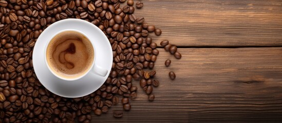 A white coffee cup and saucer sitting on a wooden background surrounded by a heap of coffee beans The arrangement offers a flat lay presentation with ample copy space available for adding text