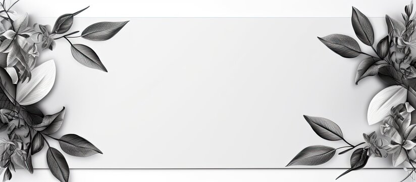 Top view of a black and white floral rectangular frame with leaves on a white background perfect for text and lettering The image offers ample copy space