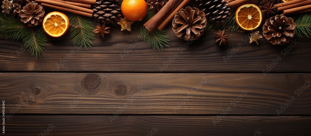 Poster A festive Christmas scene with dried oranges cinnamon sticks and fir tree branches on a brown wooden table Golden pine cones add a touch of elegance Ample copy space is available for personalizing th