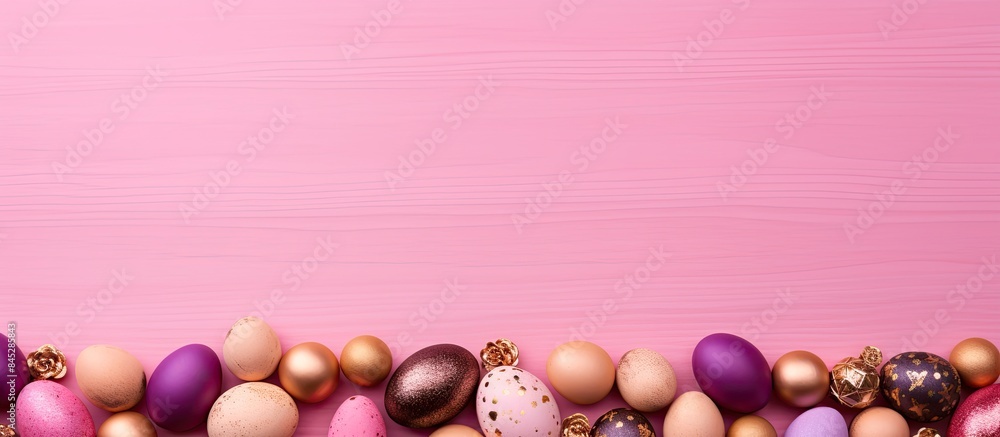 Aufkleber pink background with a happy easter theme featuring a frame made of wooden eggs the eggs are painted