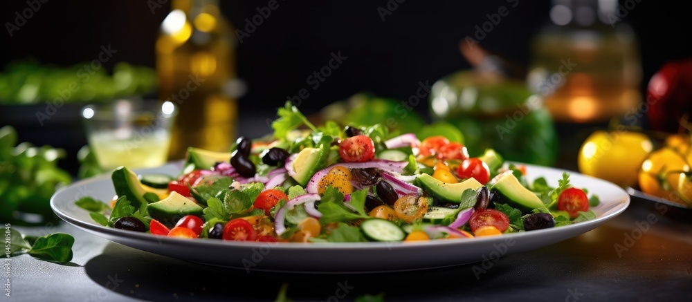 Poster copy space image with a food background showcasing a refreshing and nutritious salad composed of a d